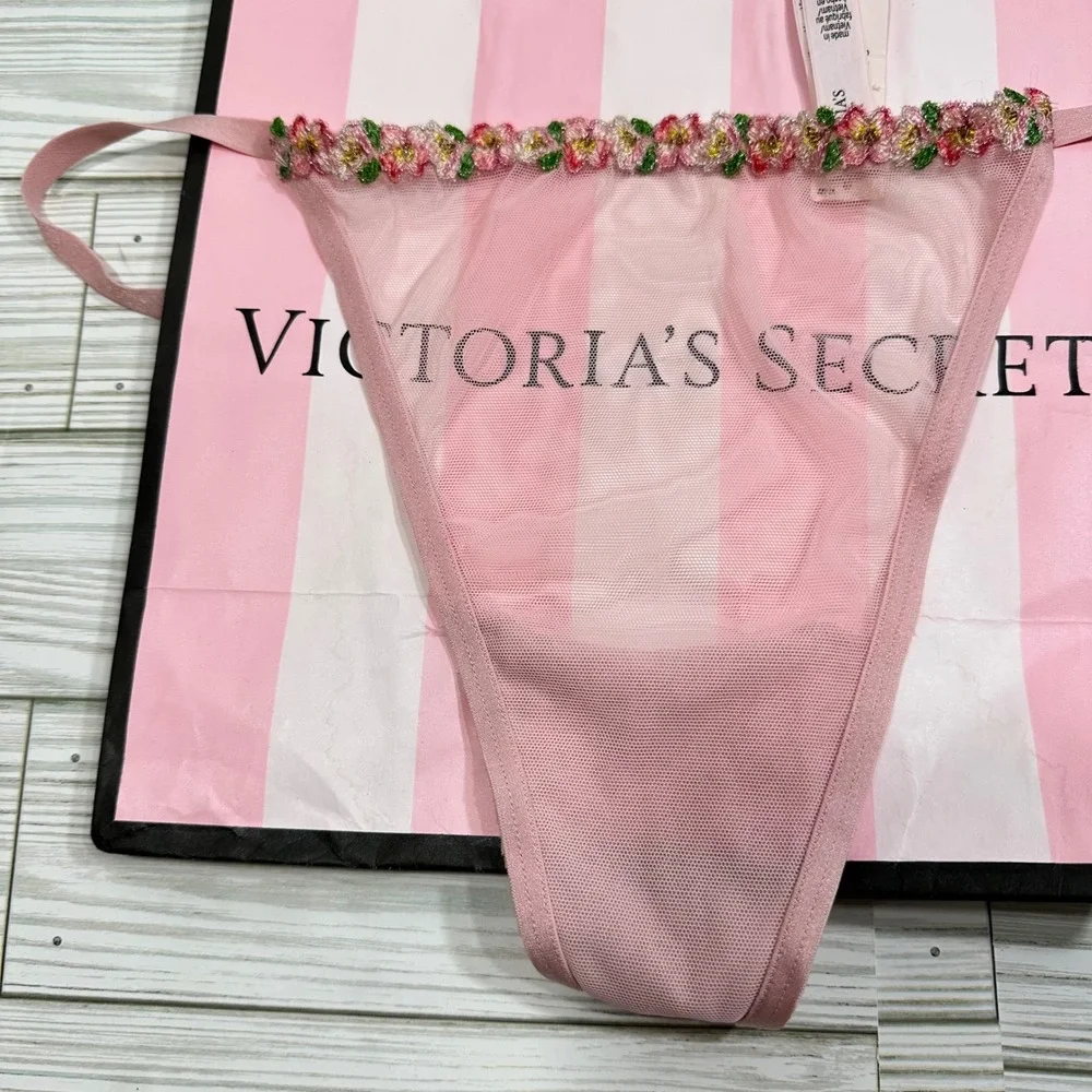 NWT Victoria's Secret Pink Floral‎ Trim Mesh Thong Panty Pink XXL - Picture 3 of 6